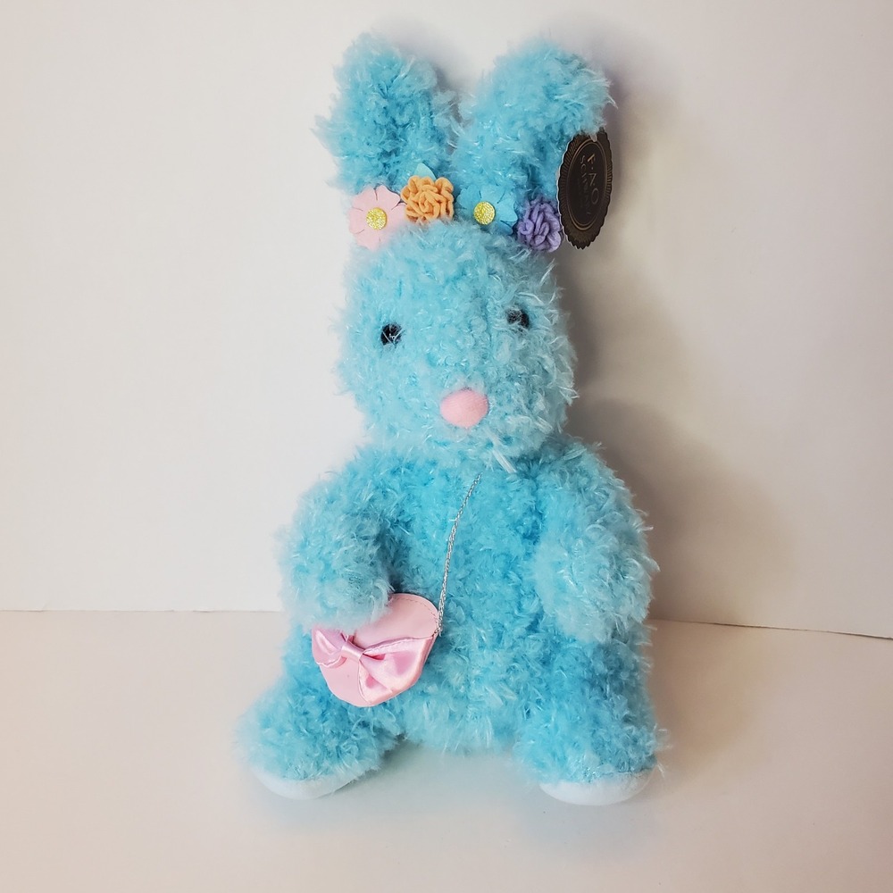 FAO‎ Schwarz 13" Blue Soft Bunny Rabbit Easter Plush Toy NWT Floral Purse